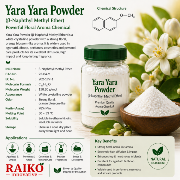 β-Naphthyl Methyl Ether Yara Yara INCI Name : β-Naphthyl Methyl Ether CAS No. : 93-04-9 Molecular Formula : C₁₁H₁₀O Appearance : White crystalline / powder (commercial form) Odor : Strong floral, orange blossom-like Solubility : Soluble in alcohol & oils