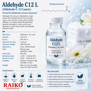 Aldehyde C-12 Lauric is a powerful fatty aldehyde aroma chemical widely used to create clean, sparkling, luxury “soapy” effects in perfumes and premium agarbatti blends.