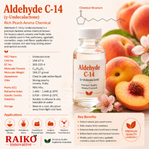 Aldehyde C-14 (actually a lactone, not a true aldehyde) is a famous perfumery material that gives a rich peach, creamy, fruity effect. It’s essential in creating peach, apricot, and creamy floral accords.