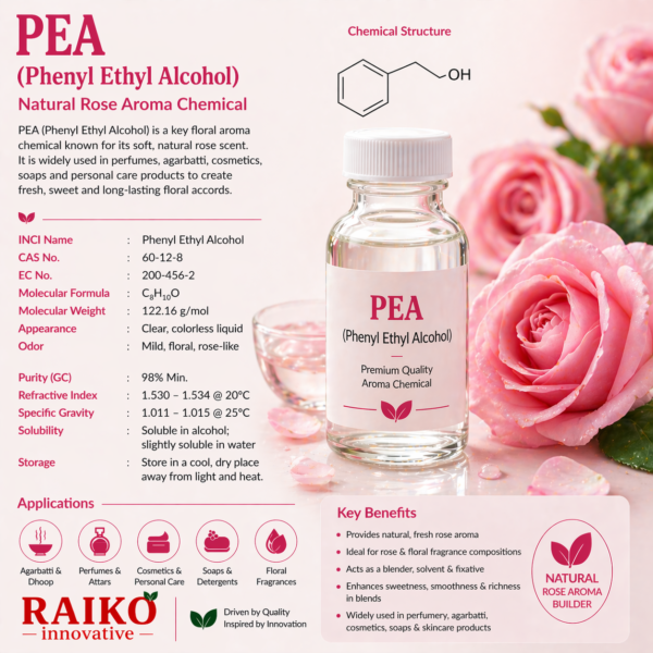 PEA (Phenyl Ethyl Alcohol) is one of the most important rose-type aroma chemicals used in perfumery, agarbatti, and cosmetics.