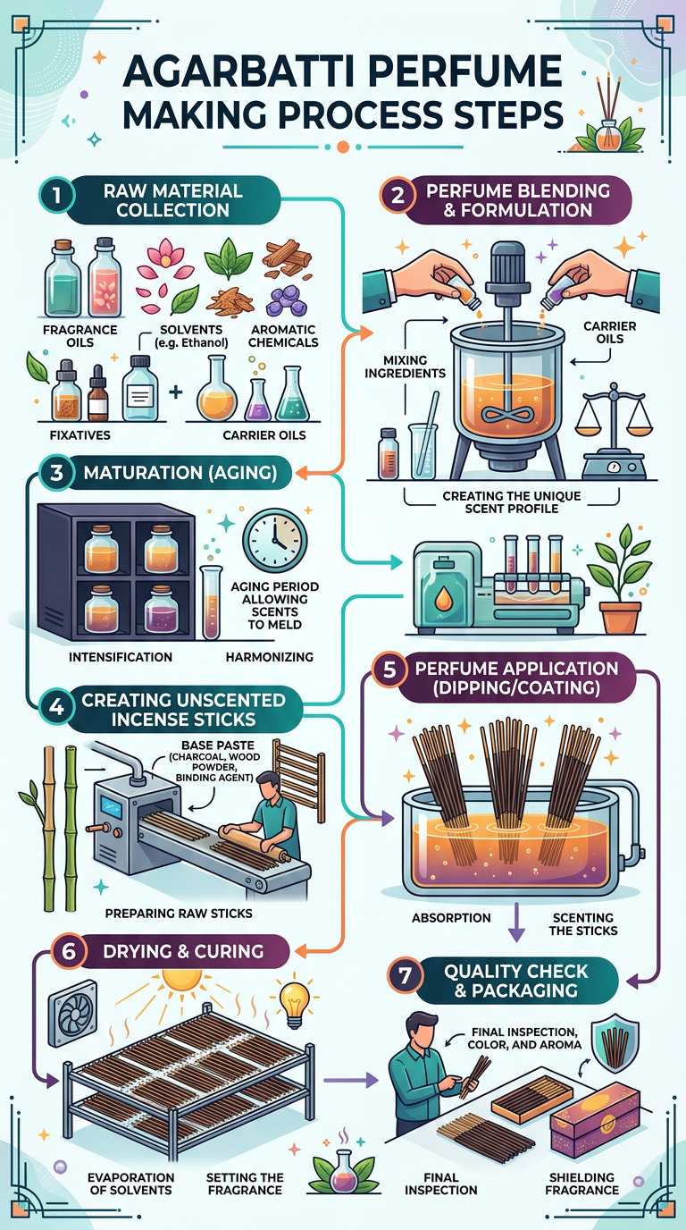 Diagram of agarbatti perfume making process steps including raw material collection, blending, aging, stick creation, dipping, drying, and quality check.