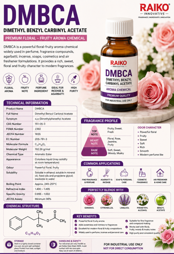 DMBCA DMBCA Aroma Chemical DMBCA Fragrance Chemical DMBCA Perfume Raw Material Dimethyl Benzyl Carbinyl Acetate Dimethylbenzylcarbinyl Acetate Dimethyl Benzyl Carbinyl Acetate DMBCA Alpha Alpha Dimethylphenethyl Acetate α,α-Dimethylphenethyl Acetate Benzyldimethylcarbinyl Acetate DMBCA CAS 151-05-3